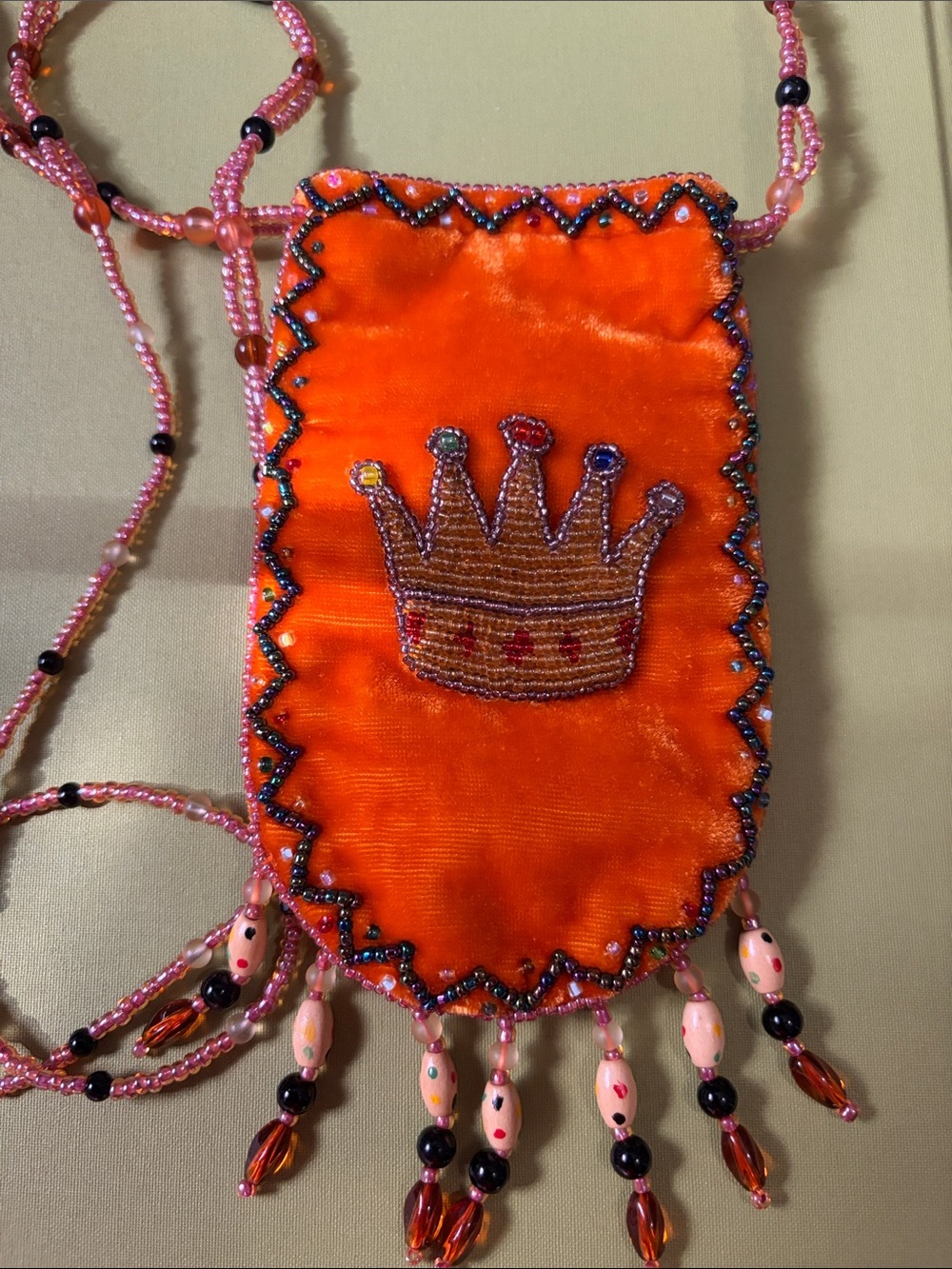 Orange Beaded Mini Crossbody Bag with Crown Appliqué